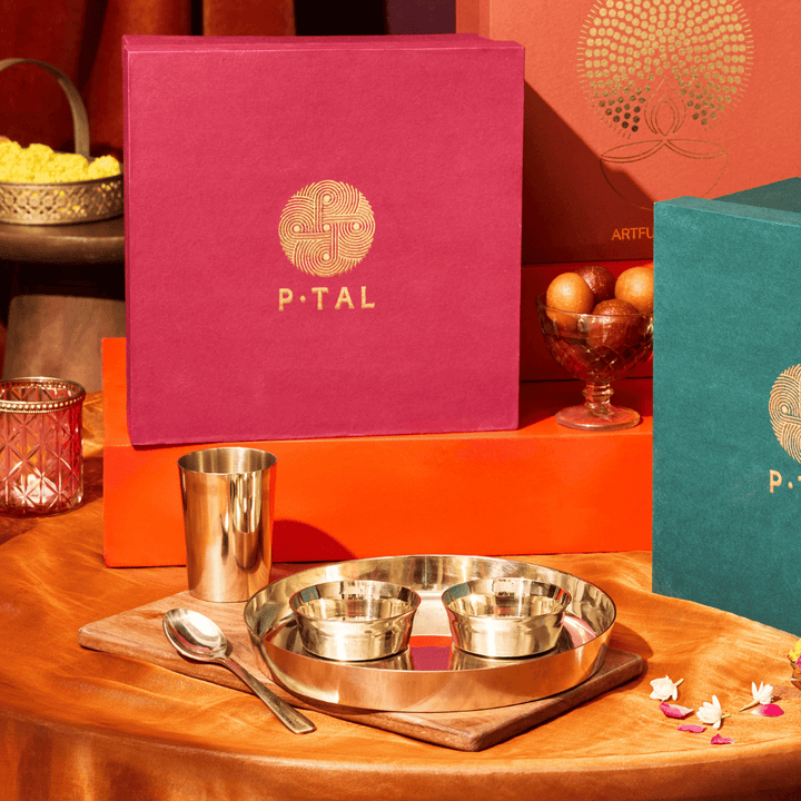 Bronze (Kansa) high hipped plate (Thaali) Set 11" - 5 pieces (1 Thaali, 2 bowls, 1 glass, 1 spoon) P-TAL