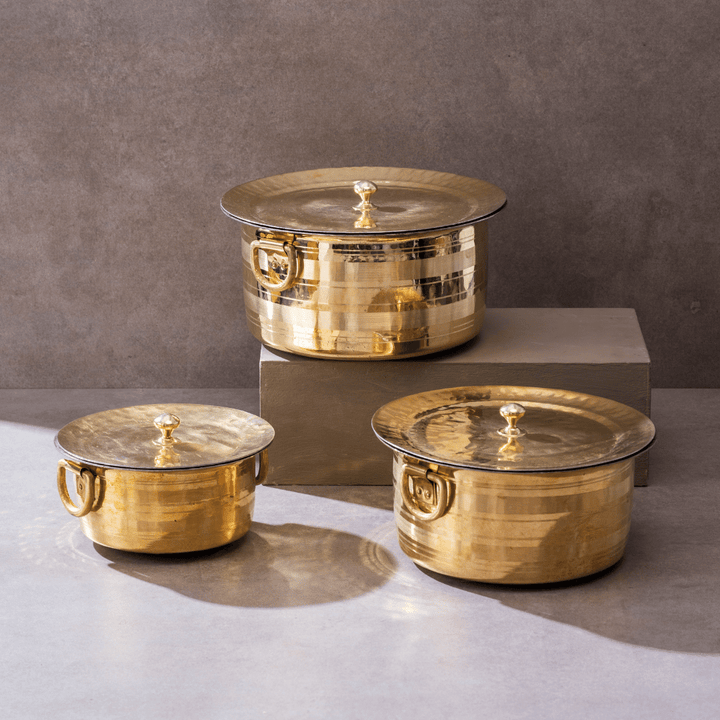 Set of 3 Brass Pots (Patila/ Topia) - 1 qt, 3.2 qt, 5.3 qt 6 Pieces Set