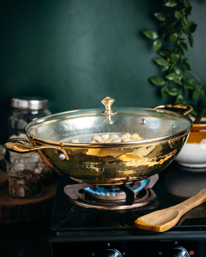 Brass Wok with Glass lid (Circular & Deep cooking/ serving Utensil) P-TAL