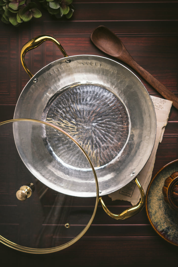 Brass Flat Base Wok with Glass lid - Kadhai (Deep & flat bottom cooking/serving utensil - karahi) P-TAL