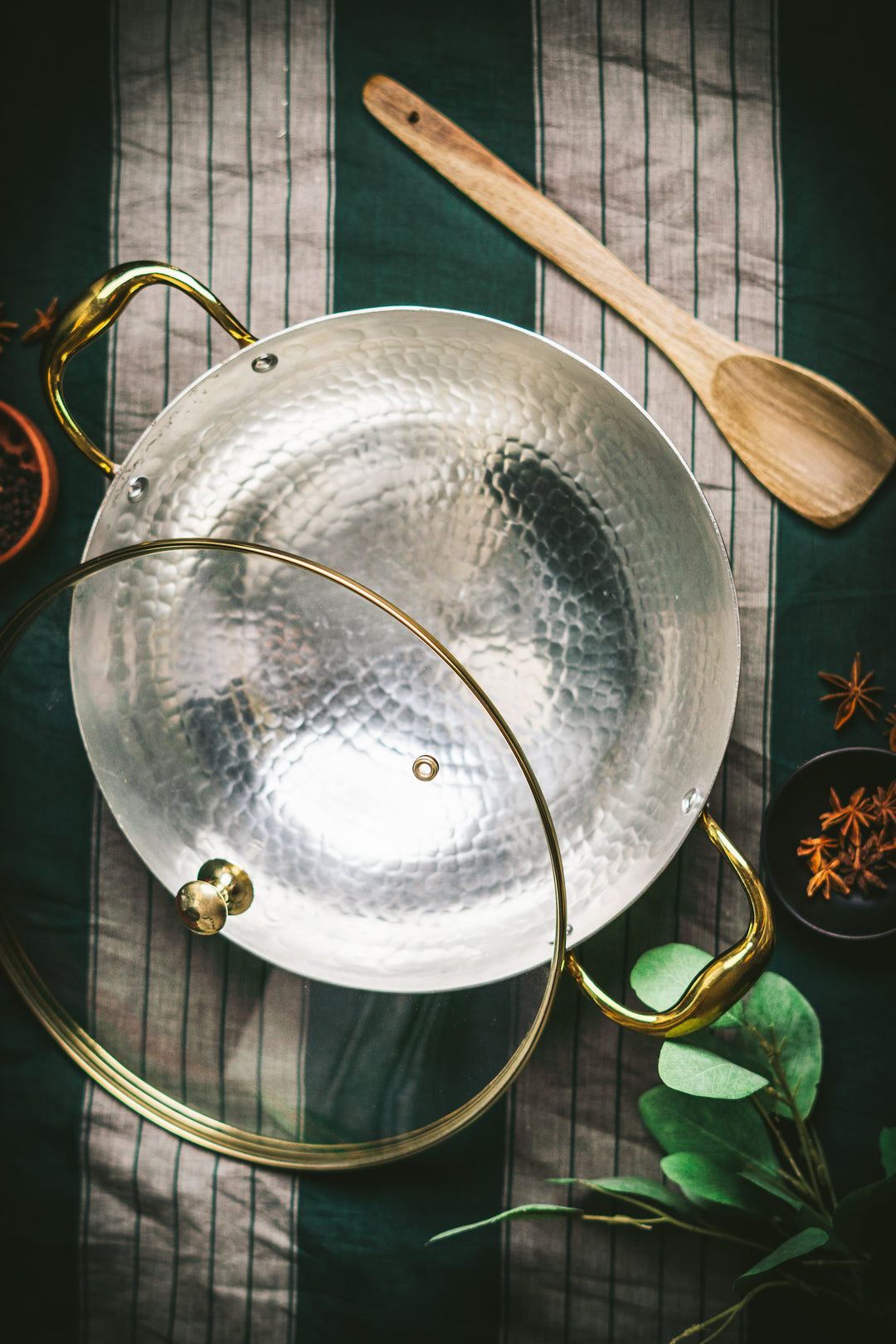 Brass Wok with Glass lid (Circular & Deep cooking/ serving Utensil) P-TAL