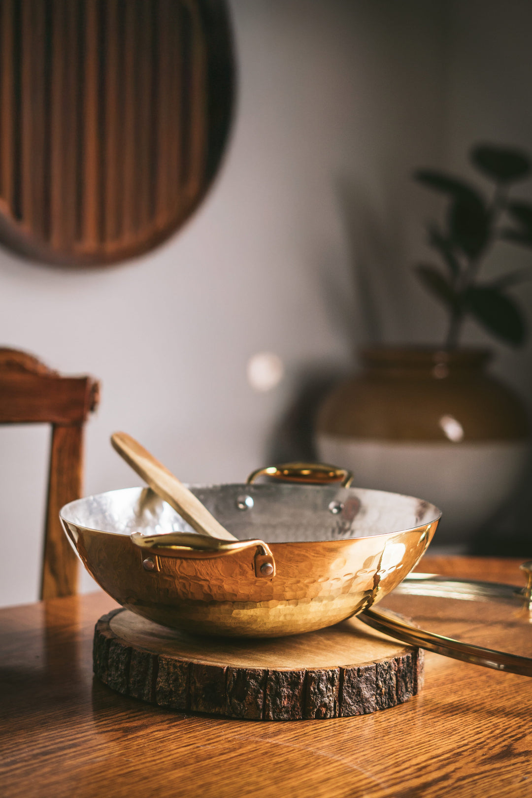 Brass Wok with Glass lid (Circular & Deep cooking/ serving Utensil) P-TAL