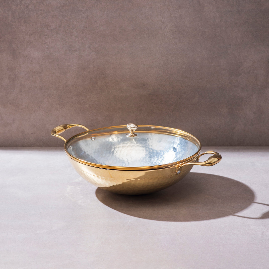 Brass Wok with Glass lid (Circular & Deep cooking/ serving Utensil)