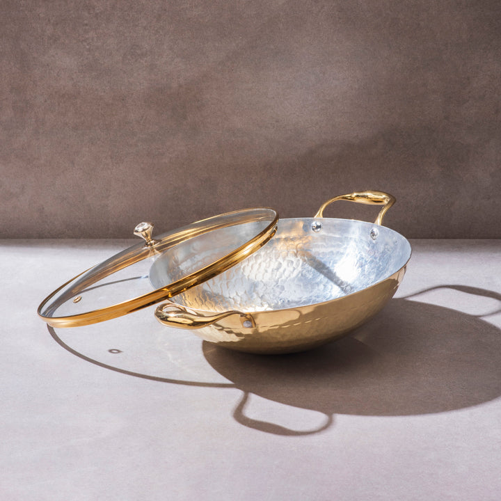 Brass Wok with Glass lid (Circular & Deep cooking/ serving Utensil)