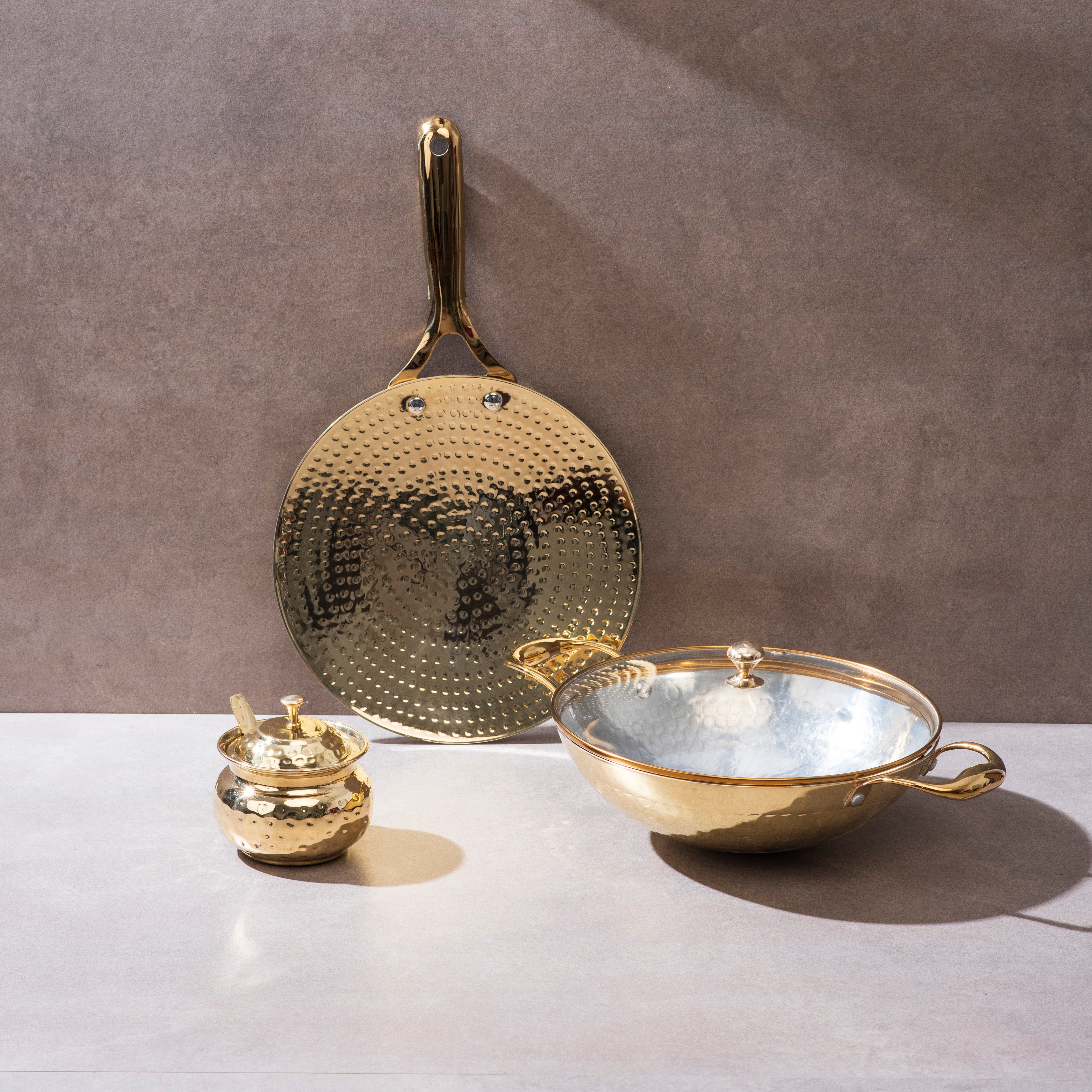 Brass Essentials Combo Set (Brass Roti Tawa with Insulated handle, Brass Ghee Pot, Brass Kadhai with Insulated handles & Glass lid) P•TAL