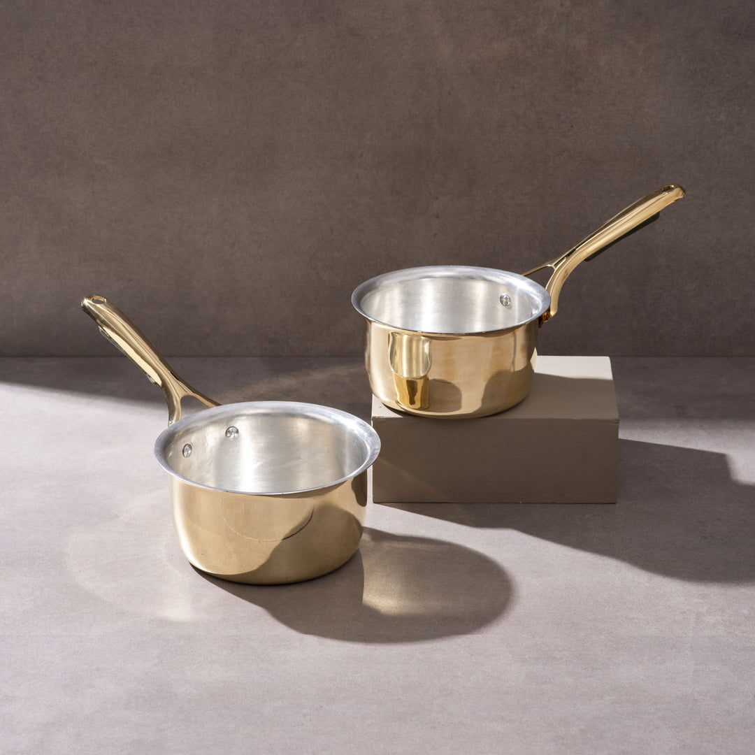 Set of 2 Brass Saucepans with Insulated handles (1.1 QT , 1.6 QT)