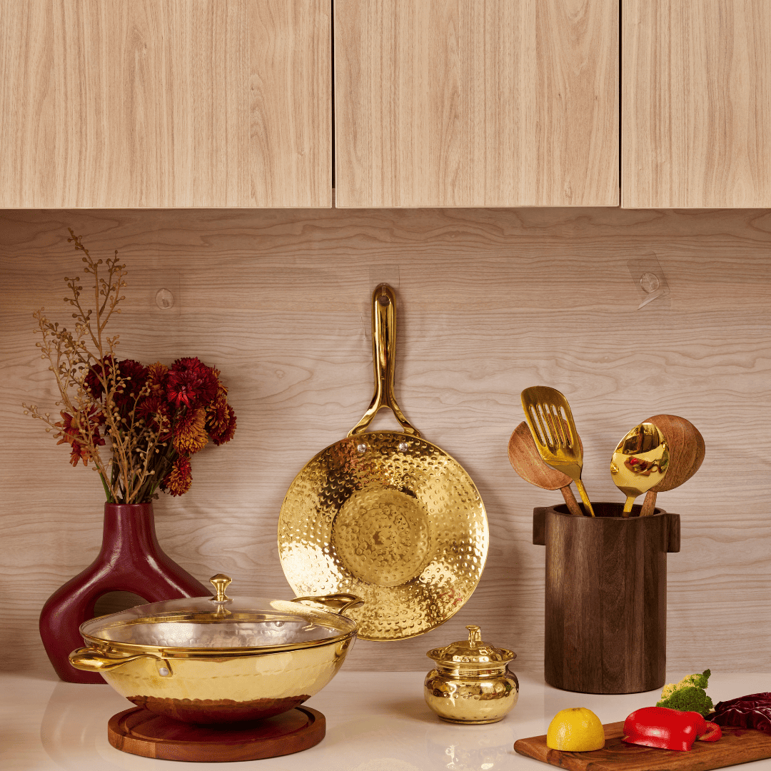 Brass Essentials Combo Set (Brass Roti Tawa with Insulated handle, Brass Ghee Pot, Brass Kadhai with Insulated handles & Glass lid)
