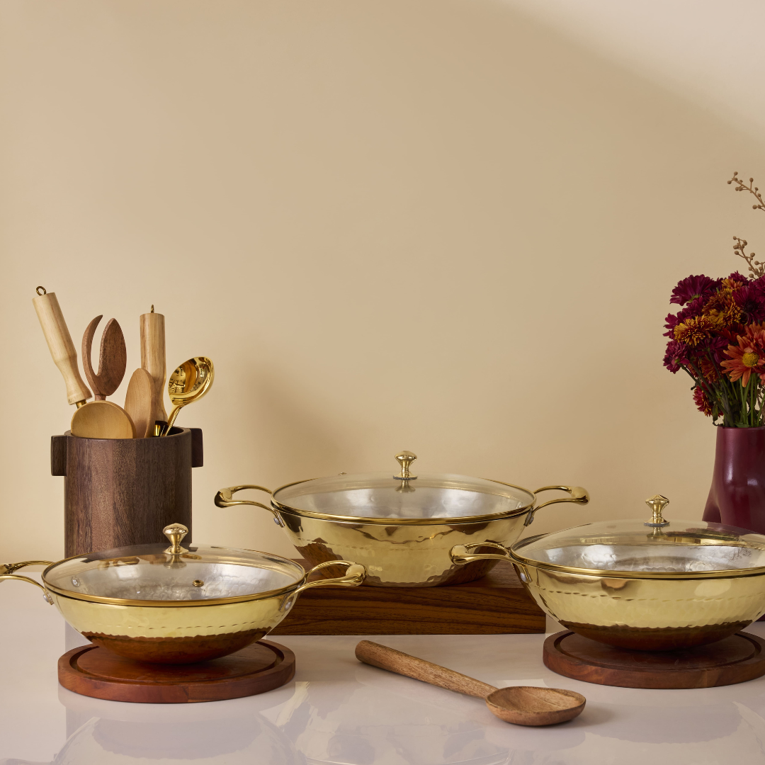 Set of 3 Brass Woks with Glass lids/Kadhai (Circular & Deep cooking/ serving Utensil) - 1L round, 3L round and 3L flat 6 Pieces Set