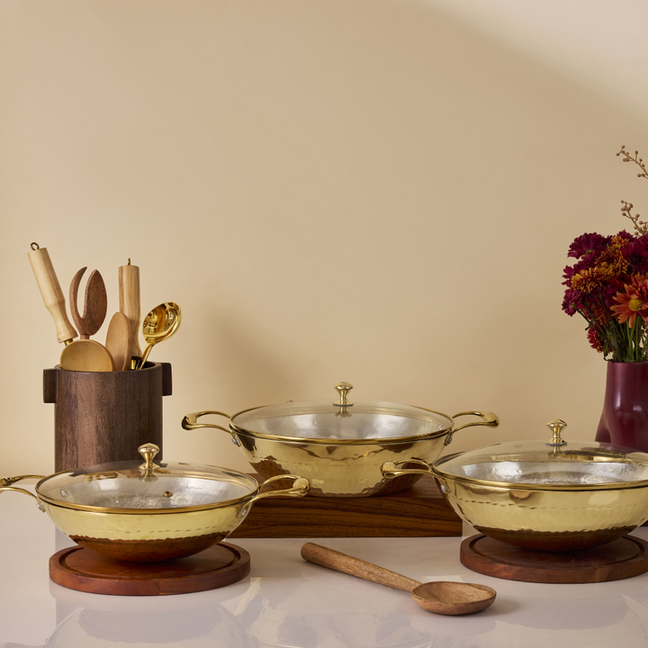 Set of 3 Brass Woks with Glass lids/Kadhai (Circular & Deep cooking/ serving Utensil) - 1L round, 3L round and 3L flat 6 Pieces Set
