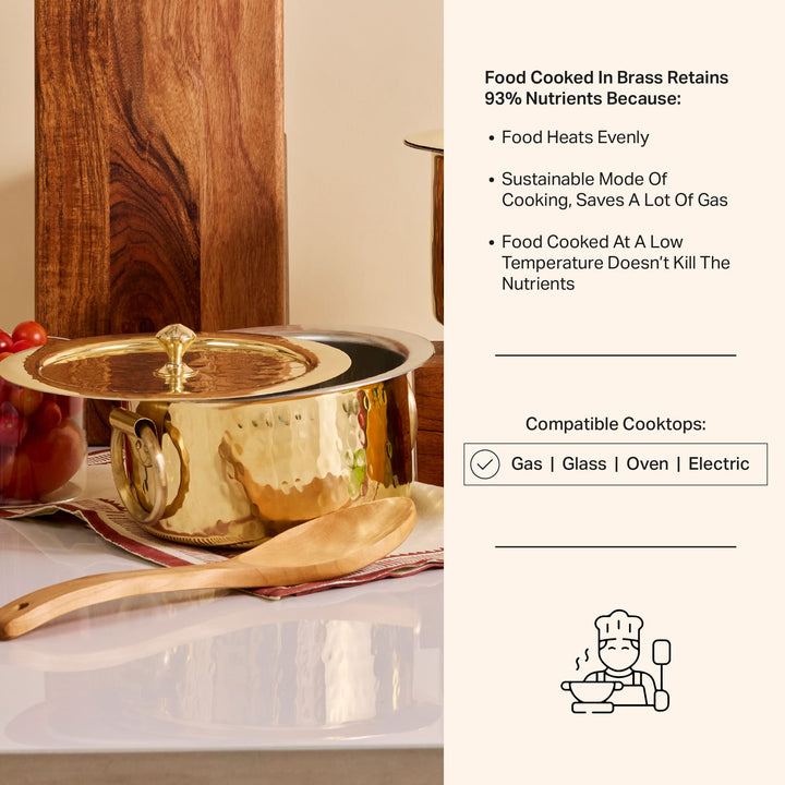 Set of 3 Brass Pots (Patila/ Topia) - 1 qt, 3.2 qt, 5.3 qt 6 Pieces Set