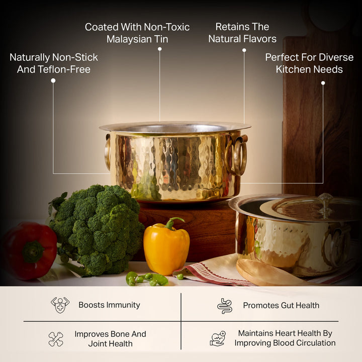 Set of 3 Brass Pots (Patila/ Topia) - 1 qt, 3.2 qt, 5.3 qt 6 Pieces Set