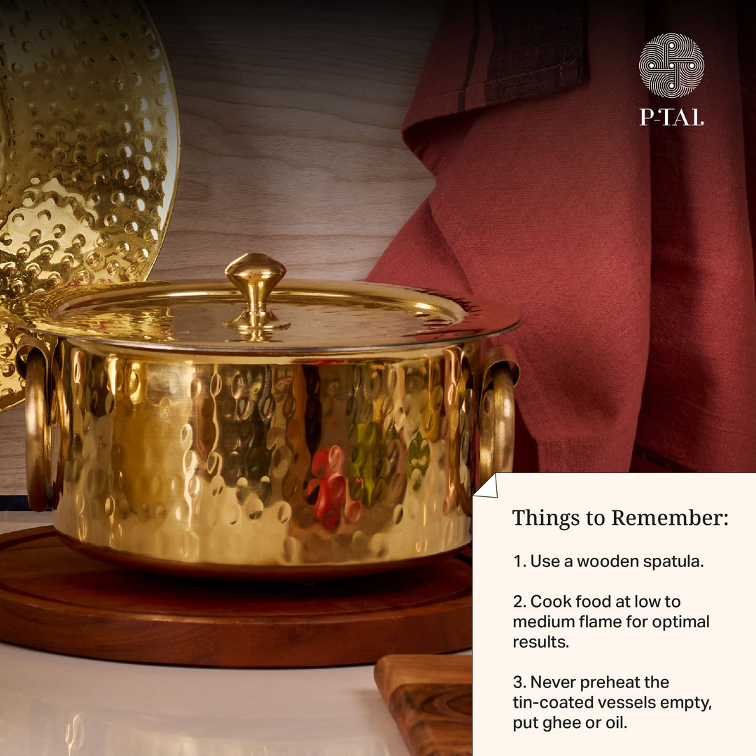 Set of 3 Brass Pots (Patila/ Topia) - 1 qt, 3.2 qt, 5.3 qt 6 Pieces Set