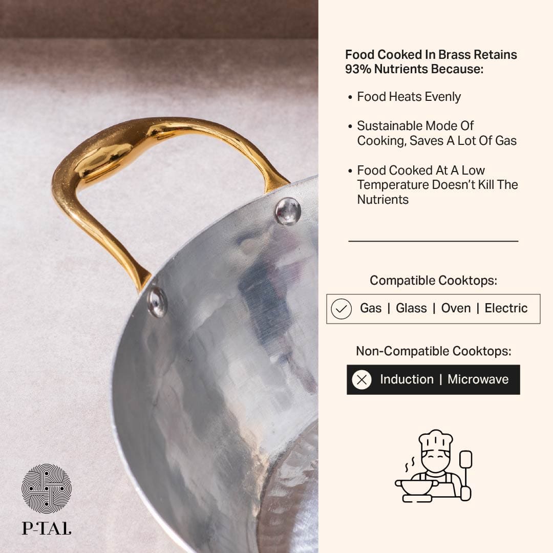 Set of 3 Brass Woks with Glass lids/Kadhai (Circular & Deep cooking/ serving Utensil) - 1L round, 3L round and 3L flat 6 Pieces Set P-TAL