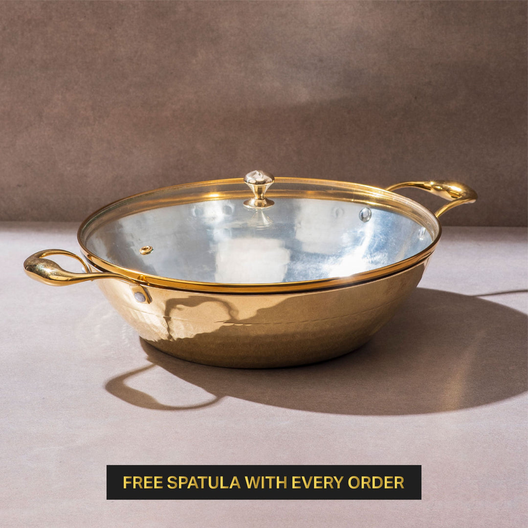 Set of 3 Brass Woks with Glass lids/Kadhai (Circular & Deep cooking/ serving Utensil) - 1L round, 3L round and 3L flat 6 Pieces Set P-TAL