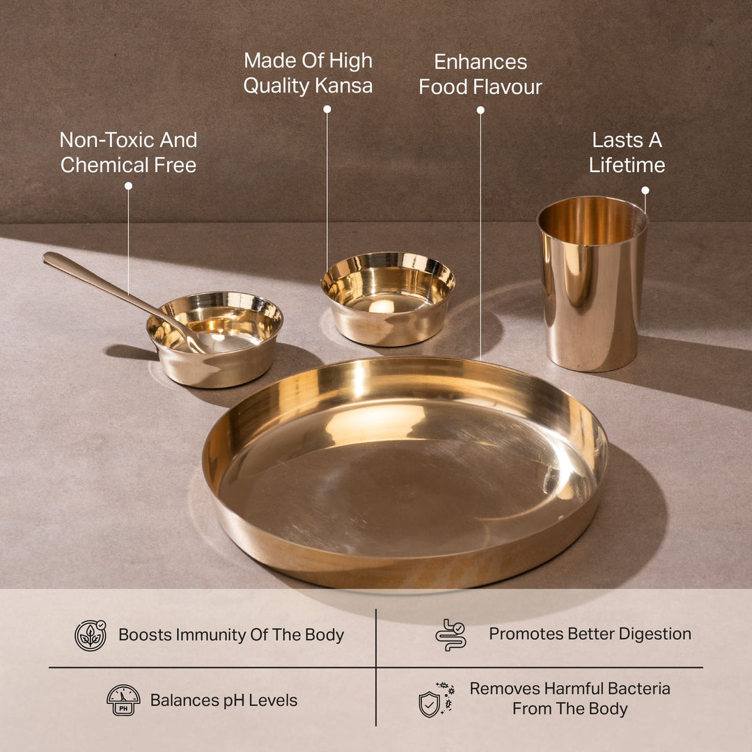 Bronze (Kansa) high hipped plate (Thaali) Set 11" - 5 pieces (1 Thaali, 2 bowls, 1 glass, 1 spoon) P-TAL