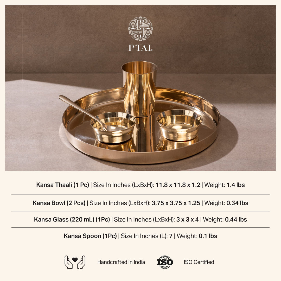 Bronze (Kansa) high hipped plate (Thaali) Set 11" - 5 pieces (1 Thaali, 2 bowls, 1 glass, 1 spoon) P-TAL