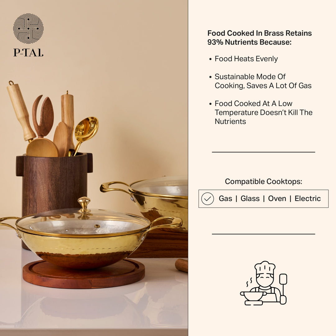 Brass Wok with Glass lid (Circular & Deep cooking/ serving Utensil) P-TAL