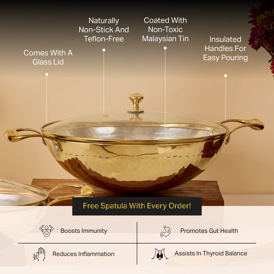 Brass Wok with Glass lid (Circular & Deep cooking/ serving Utensil) P-TAL
