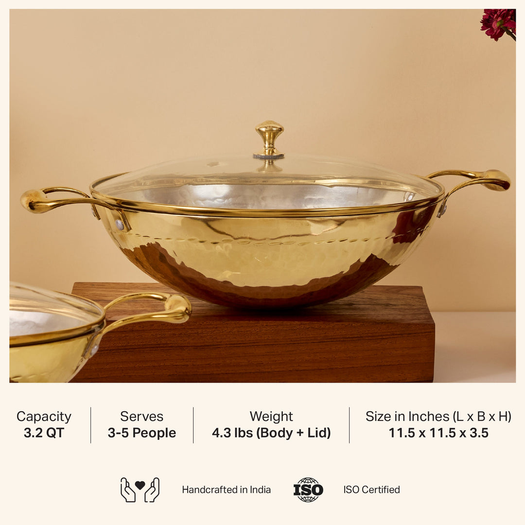 Brass Wok with Glass lid (Circular & Deep cooking/ serving Utensil) P-TAL