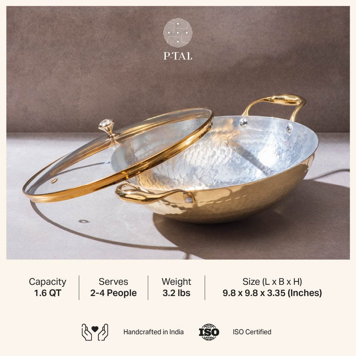 Set of 3 Brass Woks with Glass lids/Kadhai (Circular & Deep cooking/ serving Utensil) - 1L round, 3L round and 3L flat 6 Pieces Set P-TAL