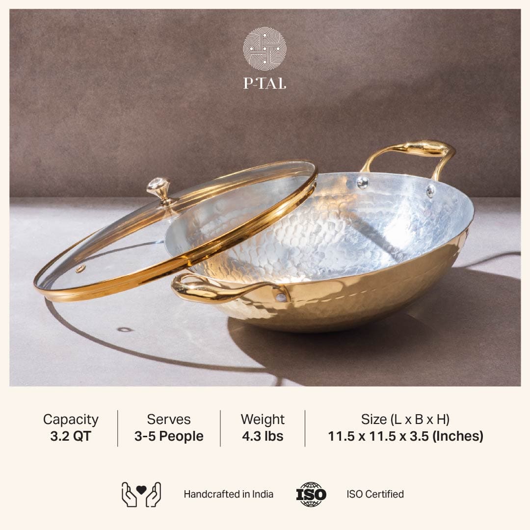 Set of 3 Brass Woks with Glass lids/Kadhai (Circular & Deep cooking/ serving Utensil) - 1L round, 3L round and 3L flat 6 Pieces Set P-TAL