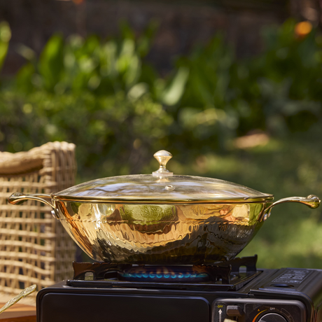 Brass Flat Base Wok with Glass lid - Kadhai (Deep & flat bottom cooking/serving utensil - karahi) P-TAL