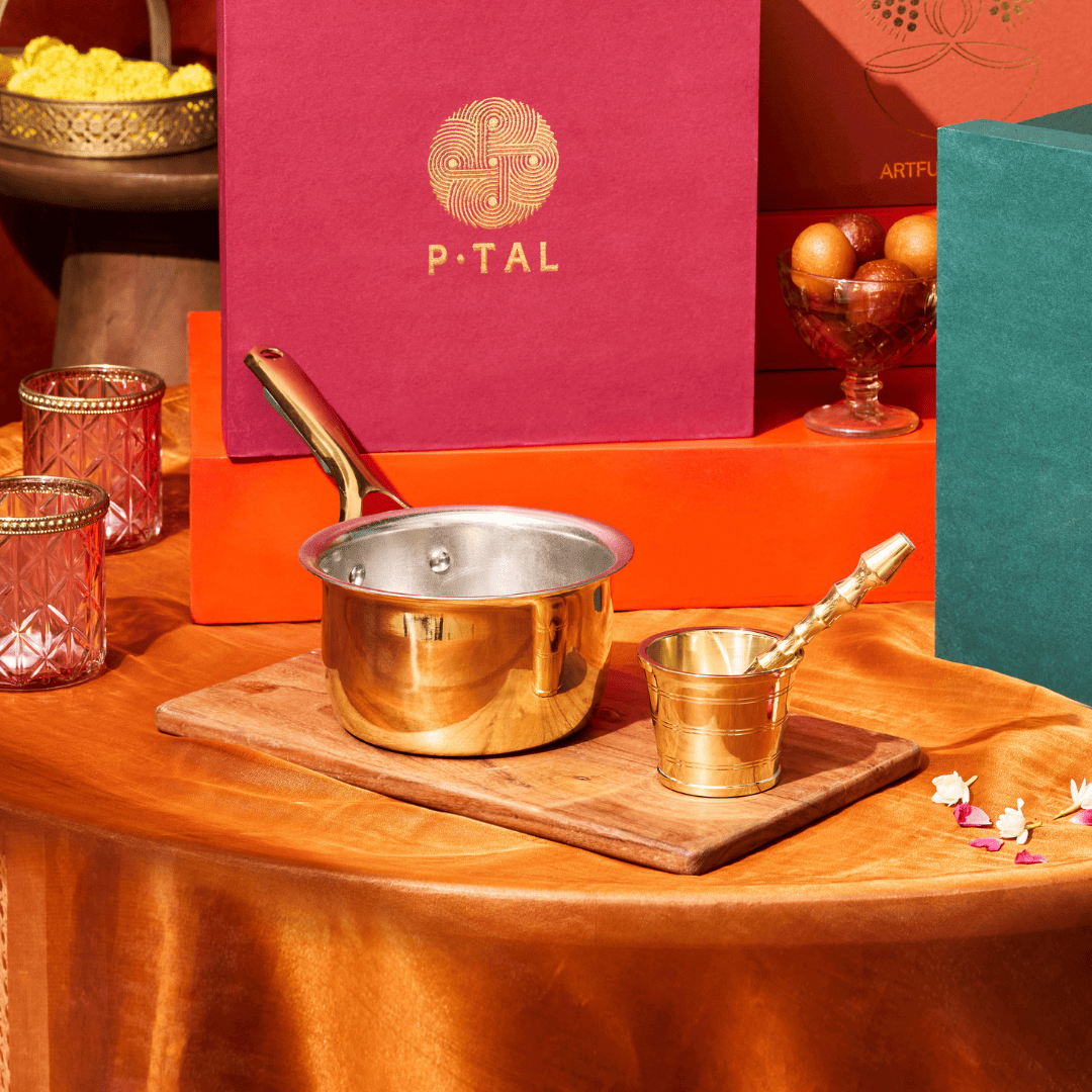 Chai Starter Kit (Brass Saucepan with Insulated handle + Brass Mortar and Pestle) P-TAL: Traditional Kitchenware and Drinkware
