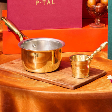 Chai Starter Kit (Brass Saucepan with Insulated handle + Brass Mortar and Pestle) P-TAL: Traditional Kitchenware and Drinkware