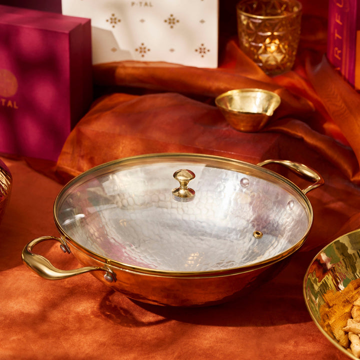 Brass Wok with Glass lid (Circular & Deep cooking/ serving Utensil)