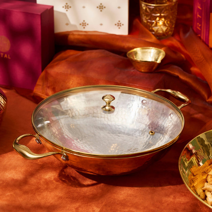 Set of 3 Brass Woks with Glass lids/Kadhai (Circular & Deep cooking/ serving Utensil) - 1L round, 3L round and 3L flat 6 Pieces Set