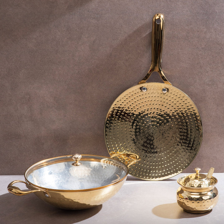 Brass Essentials Combo Set (Brass Roti Tawa with Insulated handle, Brass Ghee Pot, Brass Kadhai with Insulated handles & Glass lid) P-TAL: Traditional Kitchenware and Drinkware