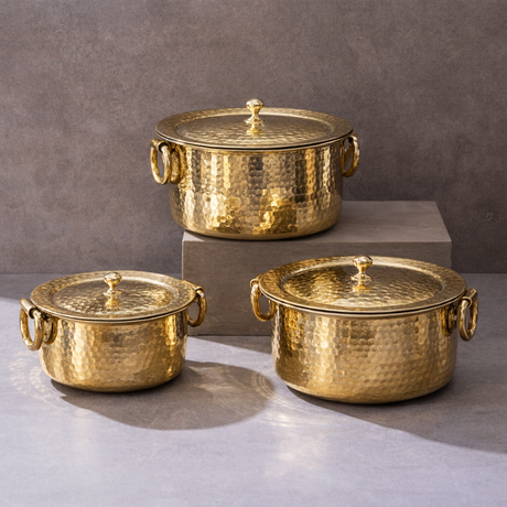 Set of 3 Brass Pots (Patila/ Topia) - 1 qt, 3 qt, 5 qt 6 Pieces Set P•TAL