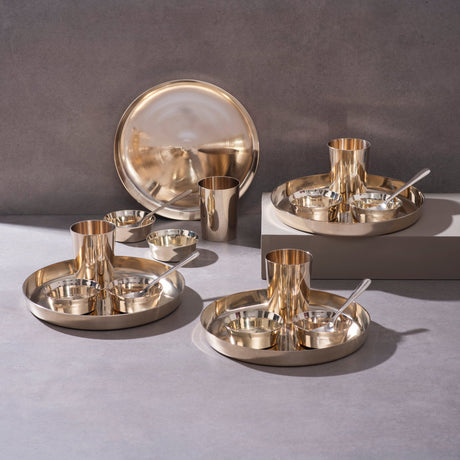 Kansa Dinner Thaali Set (10.5" Thaali) - 20 pieces dinner set (4 Thaalis, 8 Bowls, 4 Glasses and 4 Spoons) P-TAL