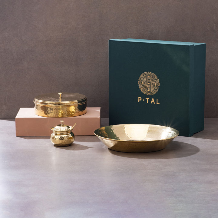 Kitchen Essentials Set (Masala box + Ghee pot + Paraat) In A Gift Box P-TAL: Traditional Kitchenware and Drinkware