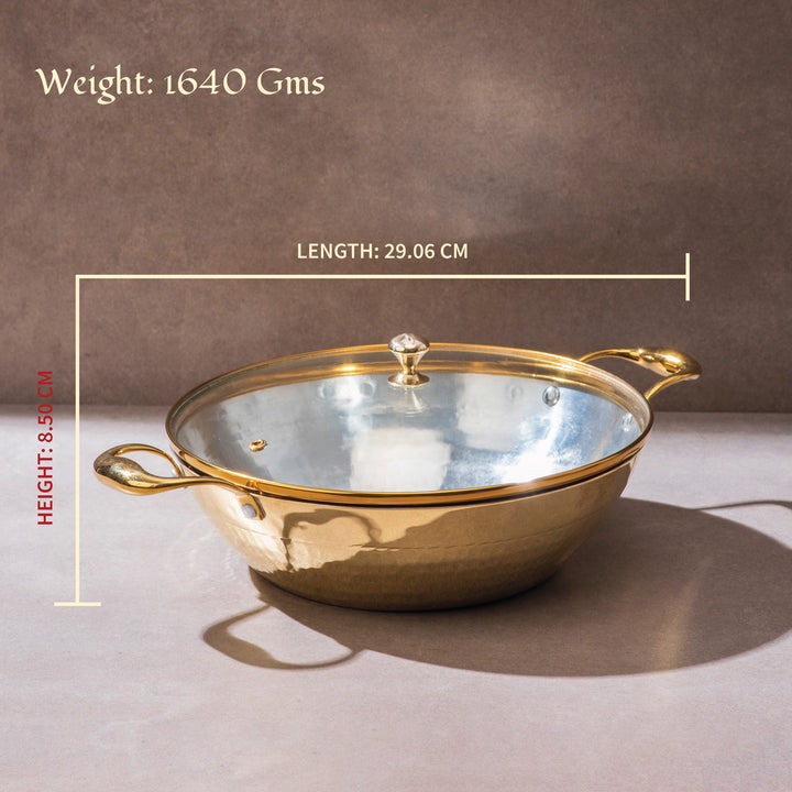 Brass Flat Base Wok with Glass lid - Kadhai (Deep & flat bottom cooking/serving utensil - karahi)