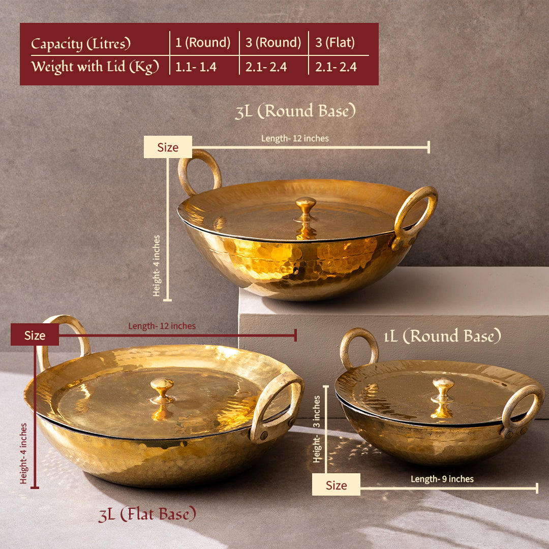 Set of 3 Brass Woks / Kadhai (Circular & Deep cooking/ serving Utensil) - 1L round, 3L round and 3L flat