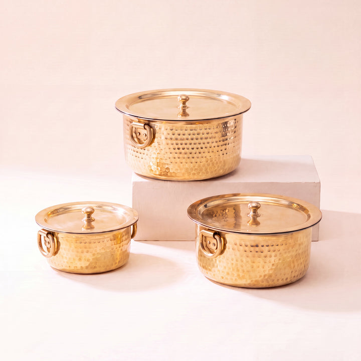 Set of 3 Brass Pots (Patila/ Topia) - 1 qt, 3 qt, 5 qt 6 Pieces Set