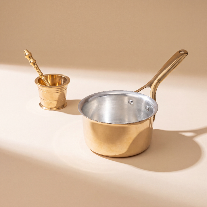 Chai Starter Kit (Brass Saucepan with Insulated handle + Brass Mortar and Pestle)