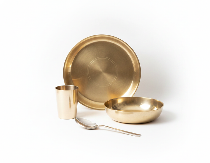 Bronze (Kansa) high hipped plate (Thaali) Set 10.5" - 5 pieces (1 Thaali, 2 bowls, 1 glass, 1 spoon)