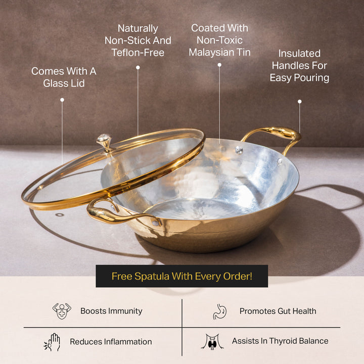 Brass Flat Base Wok with Glass lid - Kadhai (Deep & flat bottom cooking/serving utensil - karahi)