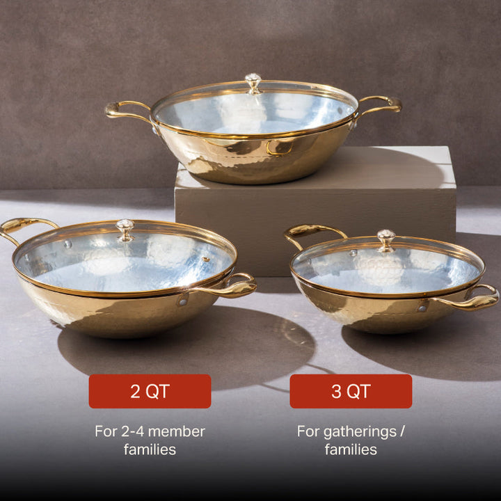 Set of 3 Brass Woks with Glass lids/Kadhai (Circular & Deep cooking/ serving Utensil) - 1L round, 3L round and 3L flat 6 Pieces Set P-TAL