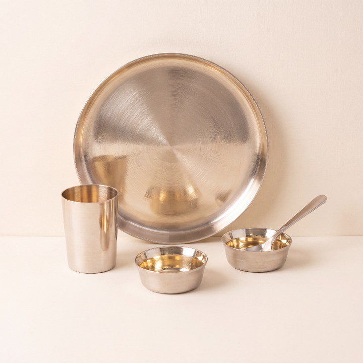 Bronze (Kansa) high hipped plate (Thaali) Set 10.5" - 5 pieces (1 Thaali, 2 bowls, 1 glass, 1 spoon)