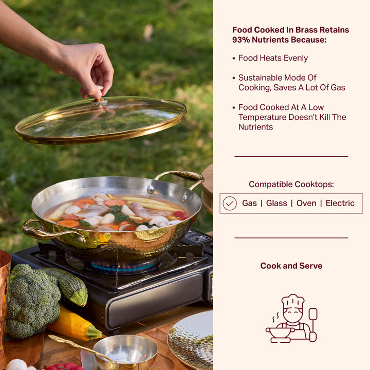 Brass Flat Base Wok with Glass lid - Kadhai (Deep & flat bottom cooking/serving utensil - karahi) P-TAL