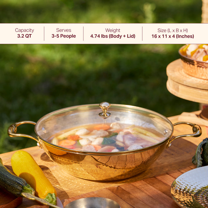 Brass Flat Base Wok with Glass lid - Kadhai (Deep & flat bottom cooking/serving utensil - karahi) P-TAL