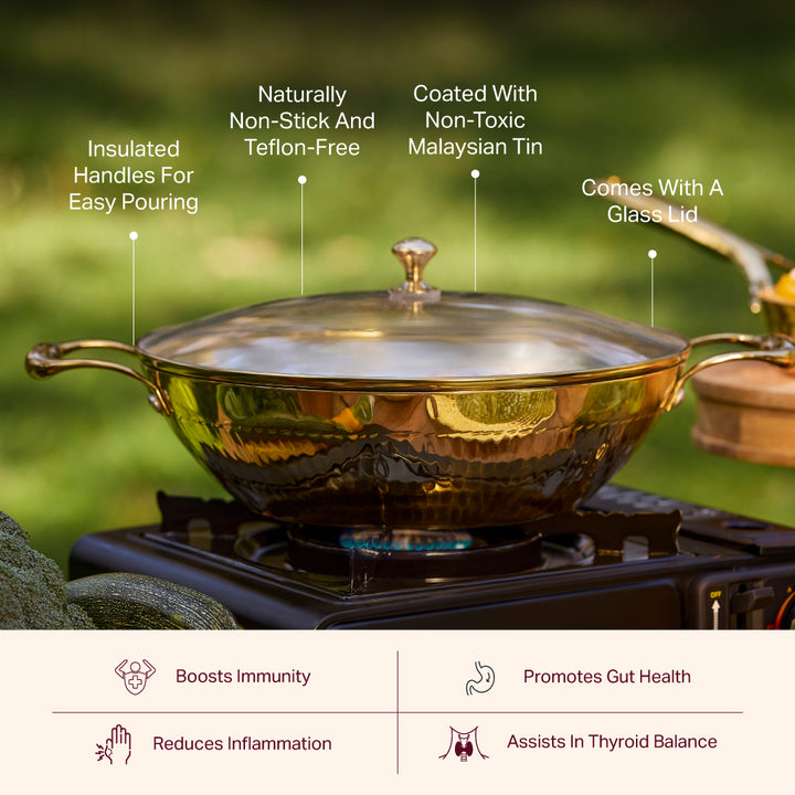 Brass Flat Base Wok with Glass lid - Kadhai (Deep & flat bottom cooking/serving utensil - karahi) P-TAL