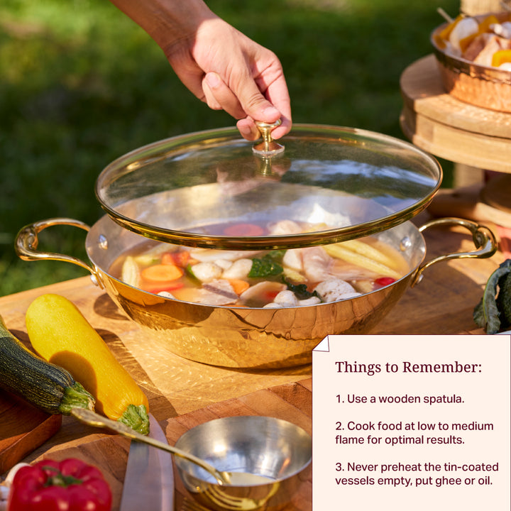 Brass Flat Base Wok with Glass lid - Kadhai (Deep & flat bottom cooking/serving utensil - karahi) P-TAL