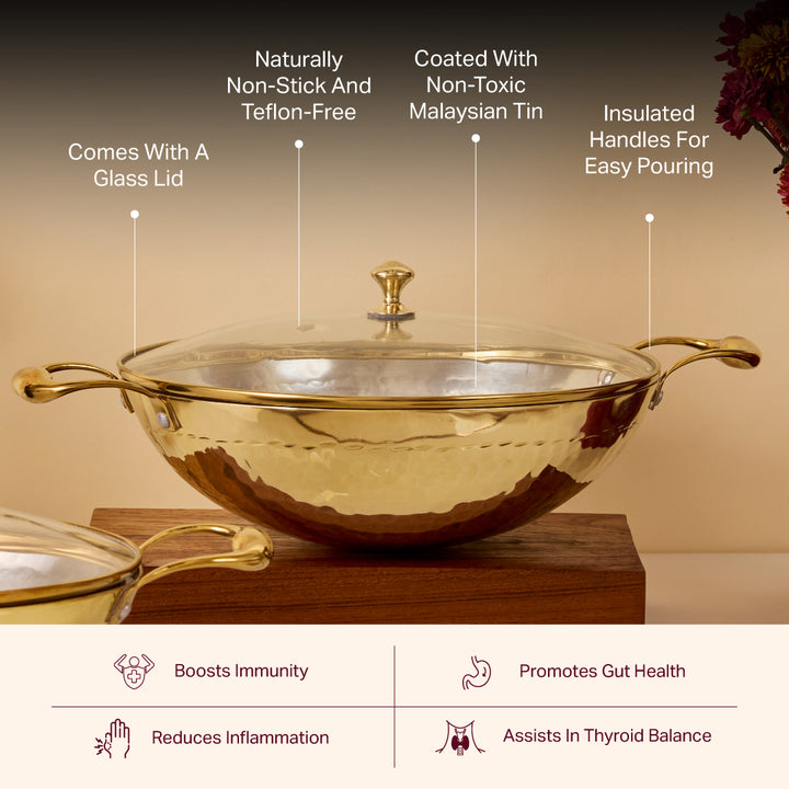 Brass Flat Base Wok with Glass lid - Kadhai (Deep & flat bottom cooking/serving utensil - karahi) P-TAL