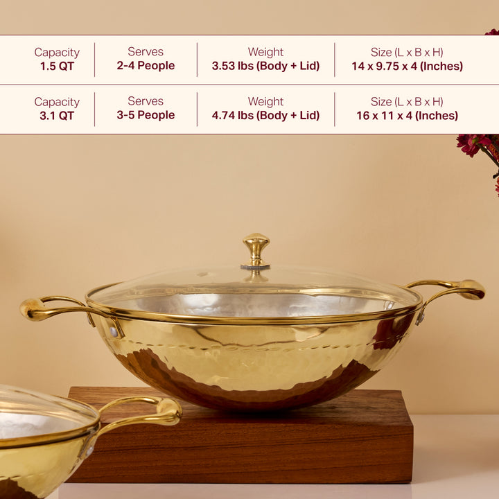 Brass Flat Base Wok with Glass lid - Kadhai (Deep & flat bottom cooking/serving utensil - karahi) P-TAL