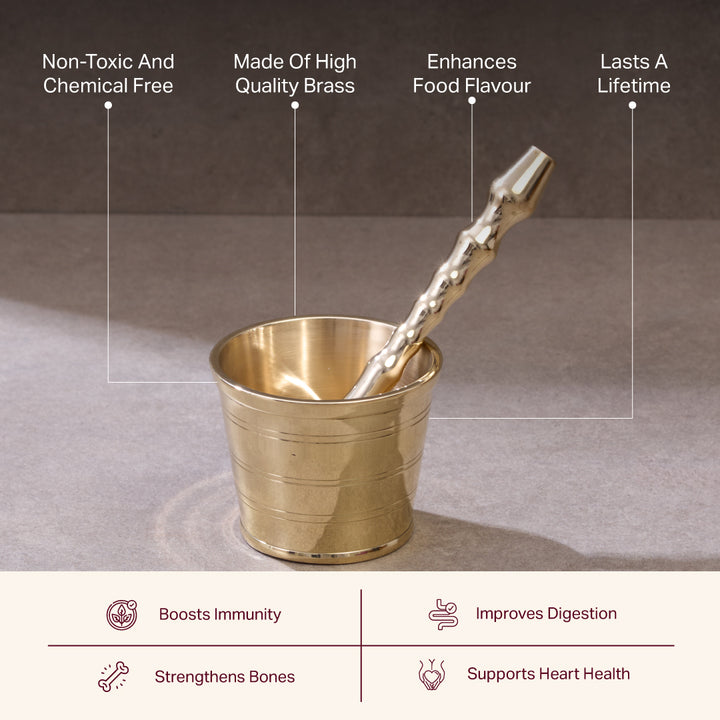 Chai Starter Kit (Brass Saucepan with Insulated steel base with golden PVD coating handle + Brass Mortar and Pestle)