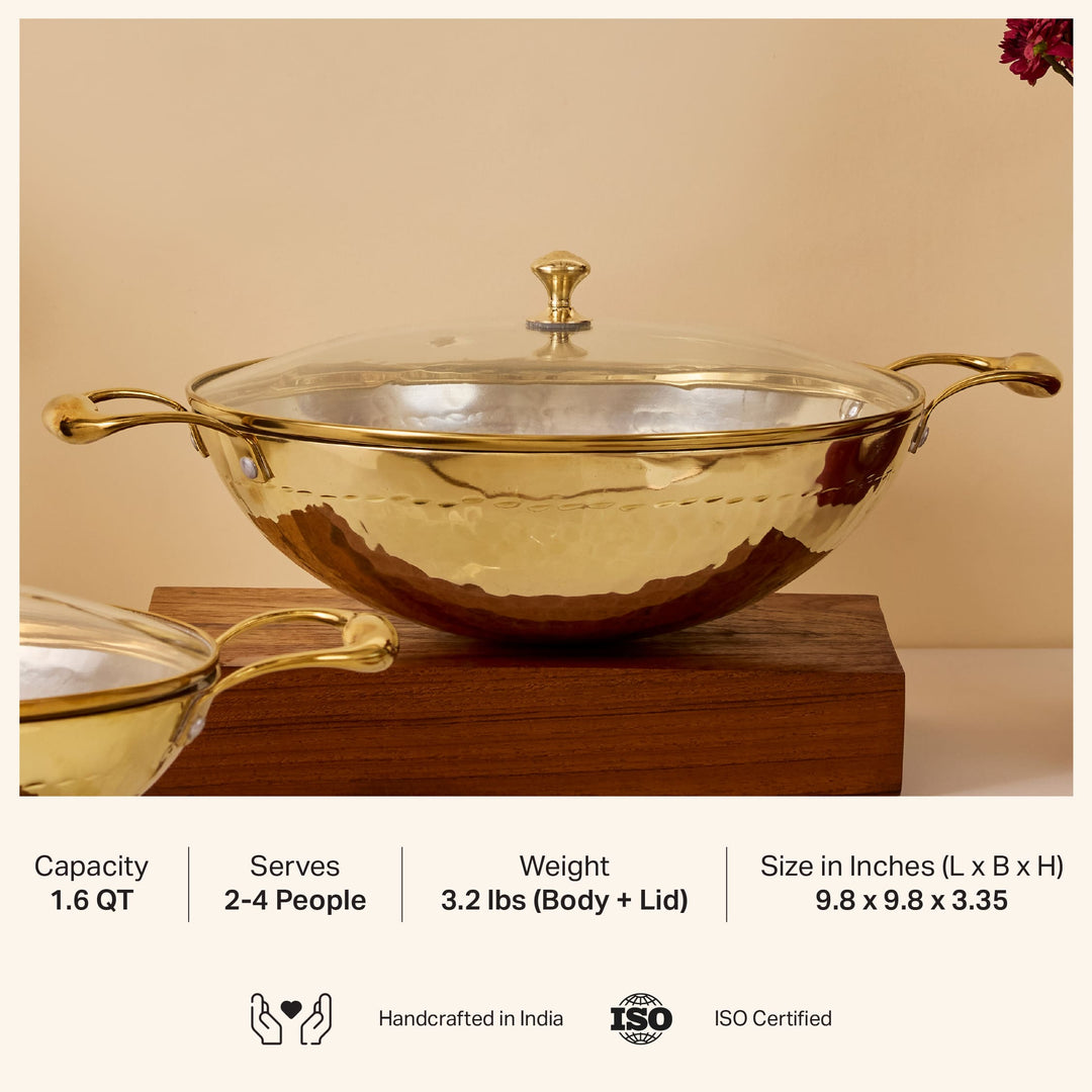 Brass Essentials Combo Set (Brass Roti Tawa with Insulated handle, Brass Ghee Pot, Brass Kadhai with Insulated handles & Glass lid)
